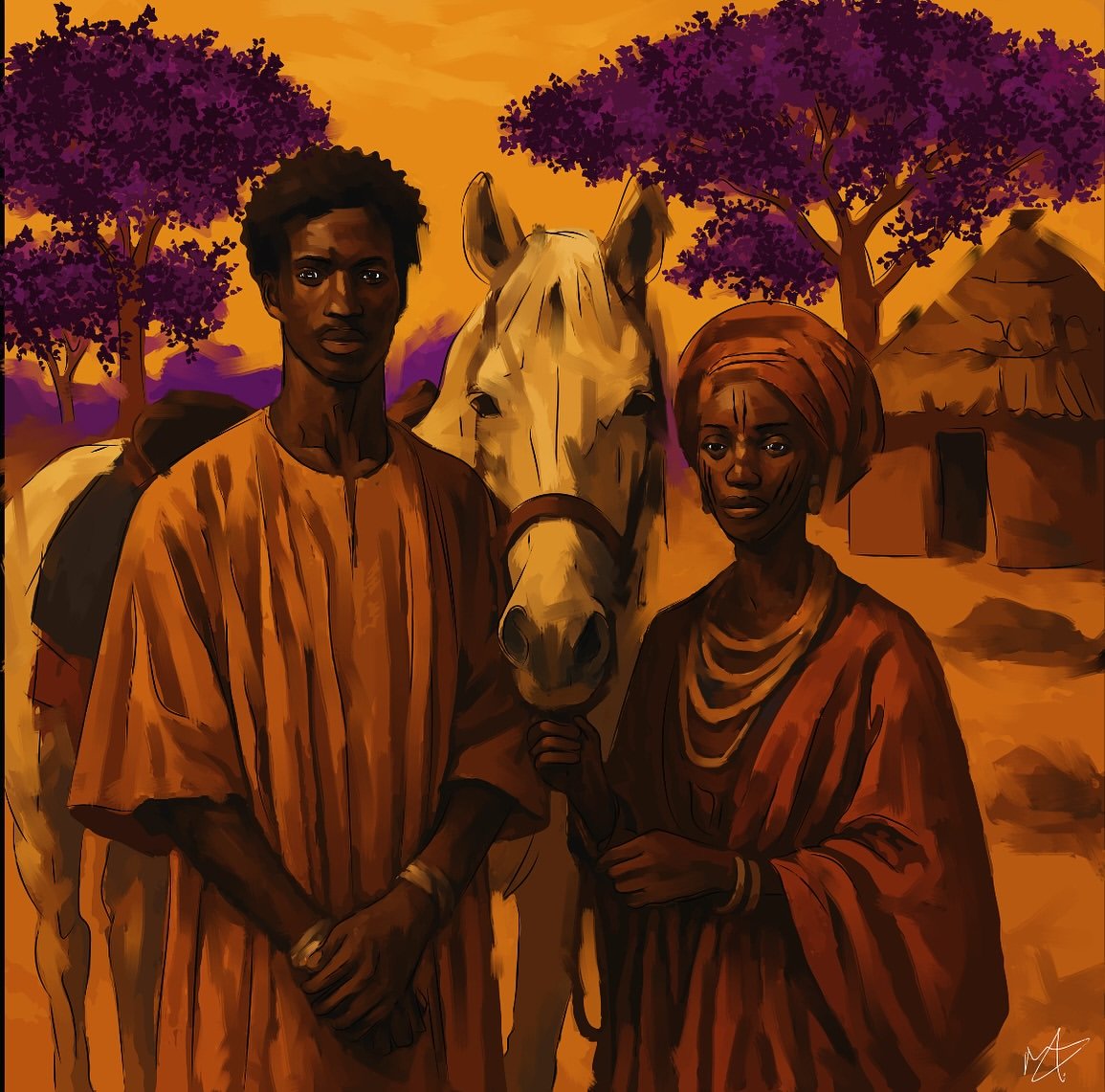 Adoum et Nodji : un homme et une femme devant un cheval blanc
