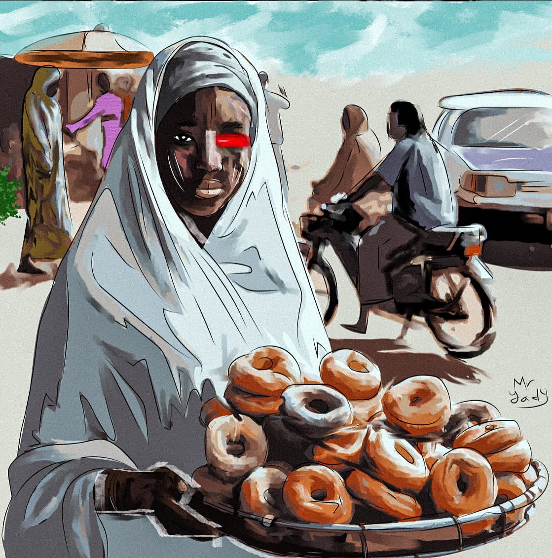 Chikweré, jeune vendeuse voilée de blanc tenant un plateau de beignets, une bande rouge sur l’œil