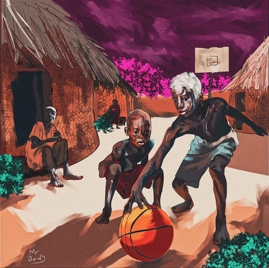 Dribbles et rêves à Moissala : enfants jouant au basket devant une case