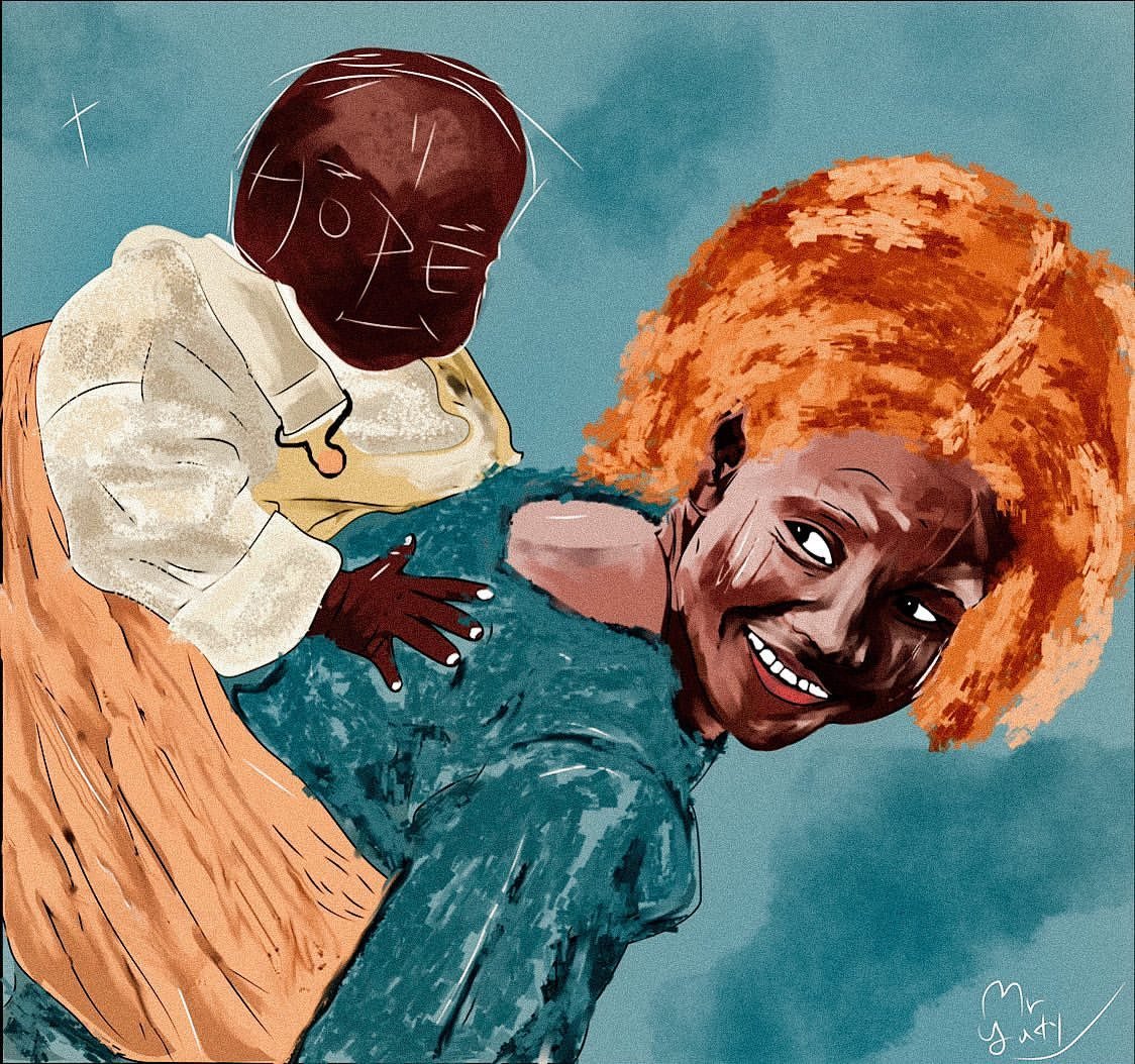 Hope in the Eyes : femme souriante aux cheveux orange portant un enfant dans le dos