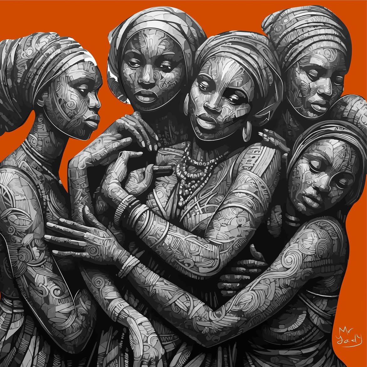 IA × Mr Yady : cinq femmes aux visages et aux bras couverts de motifs, enlacées sur fond orange