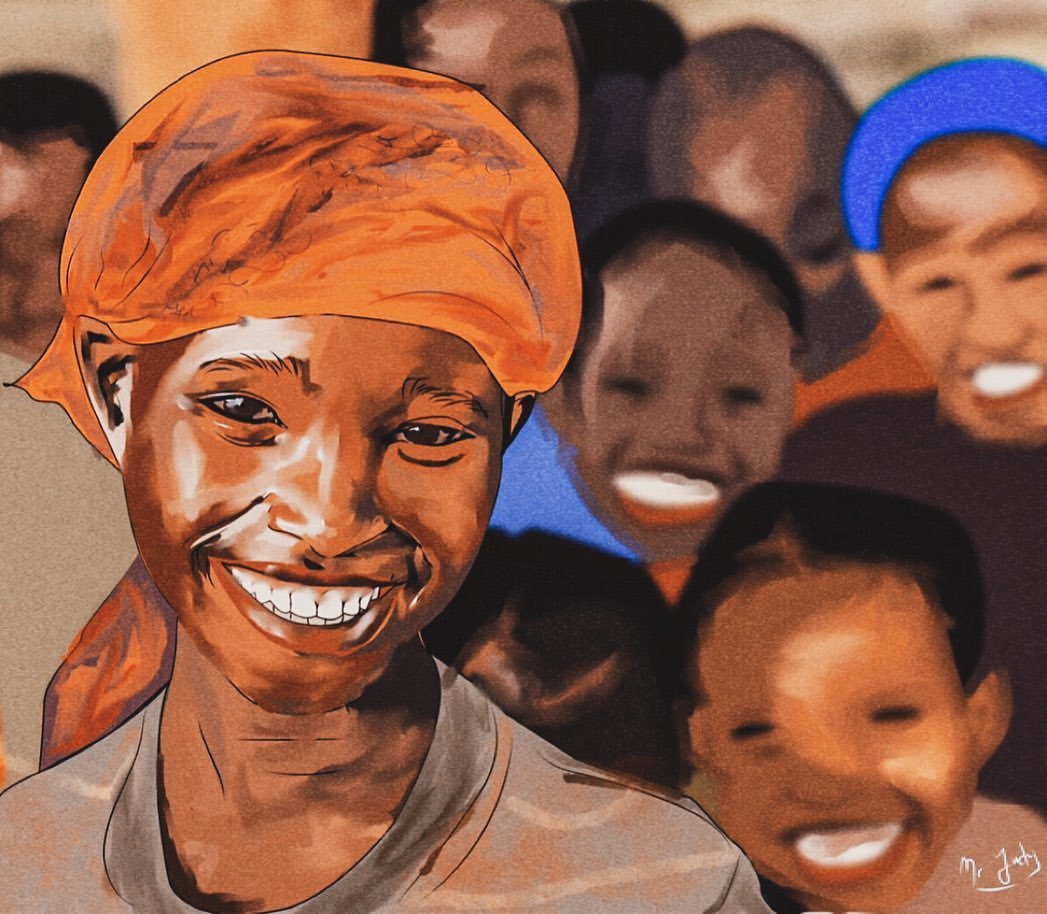 Stay living : jeune fille au foulard orange souriant devant d’autres visages