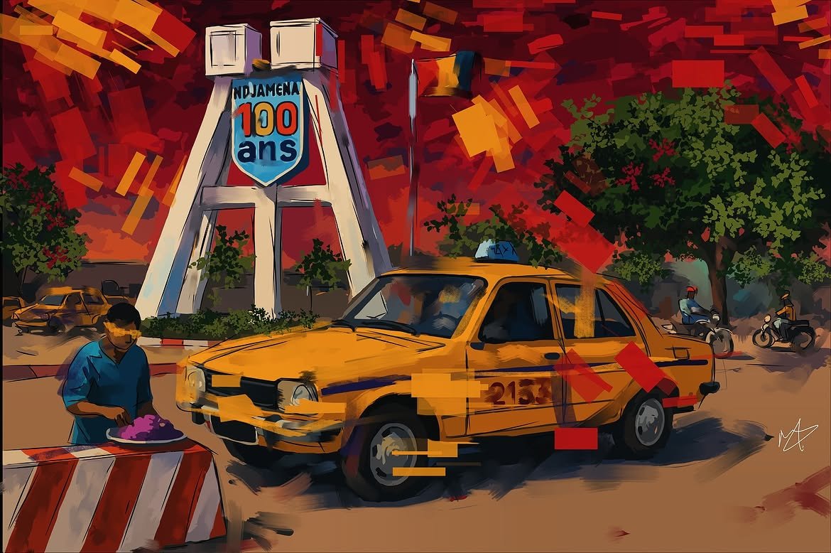 Taxi jaune devant le monument N’Djamena 100 ans, ciel rouge strié de rectangles